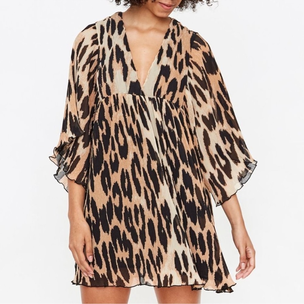 Ganni Leopard Print Mini Dress in Tan, Black, Cream